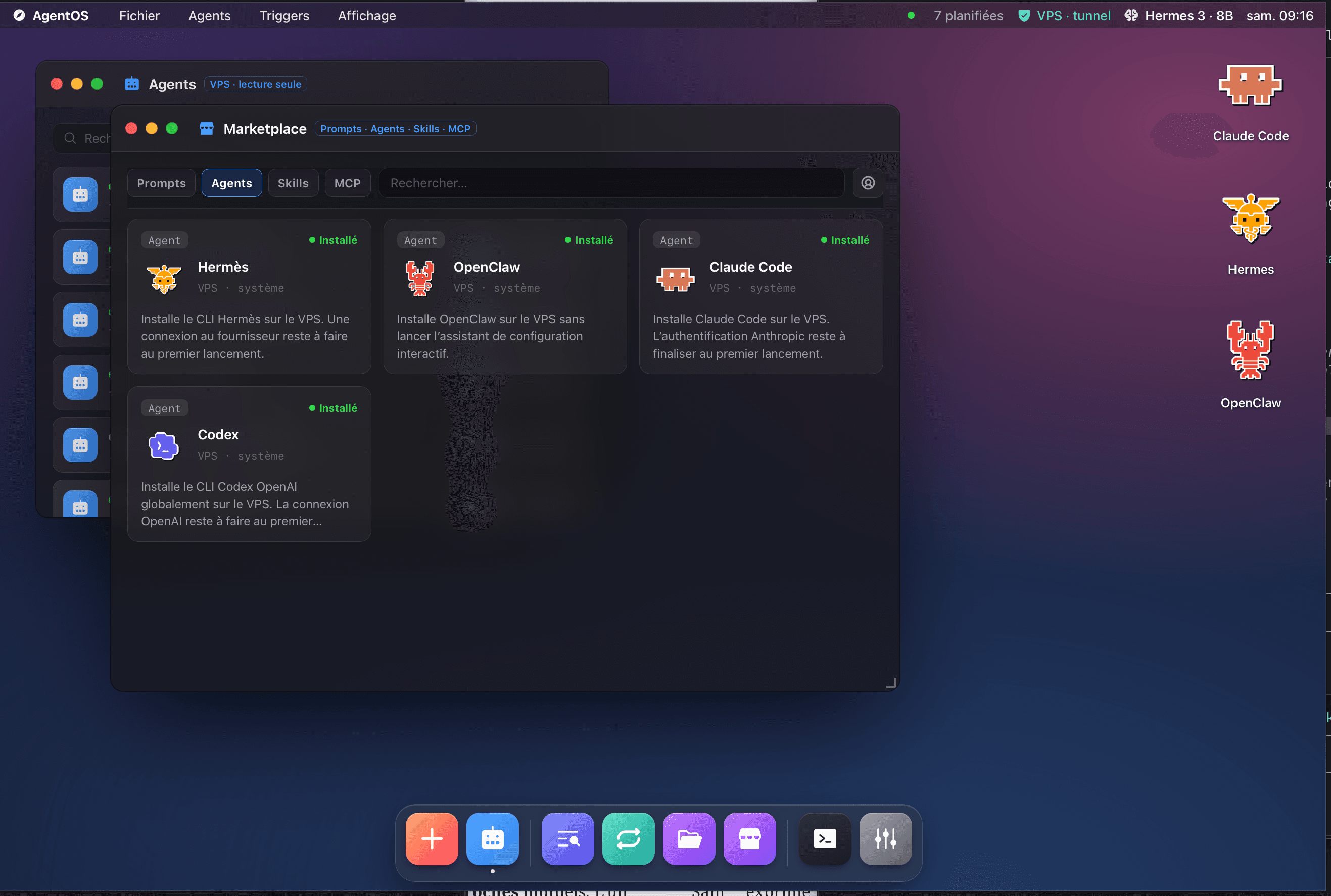 Le bureau AgentOS avec la Marketplace ouverte sur les agents disponibles